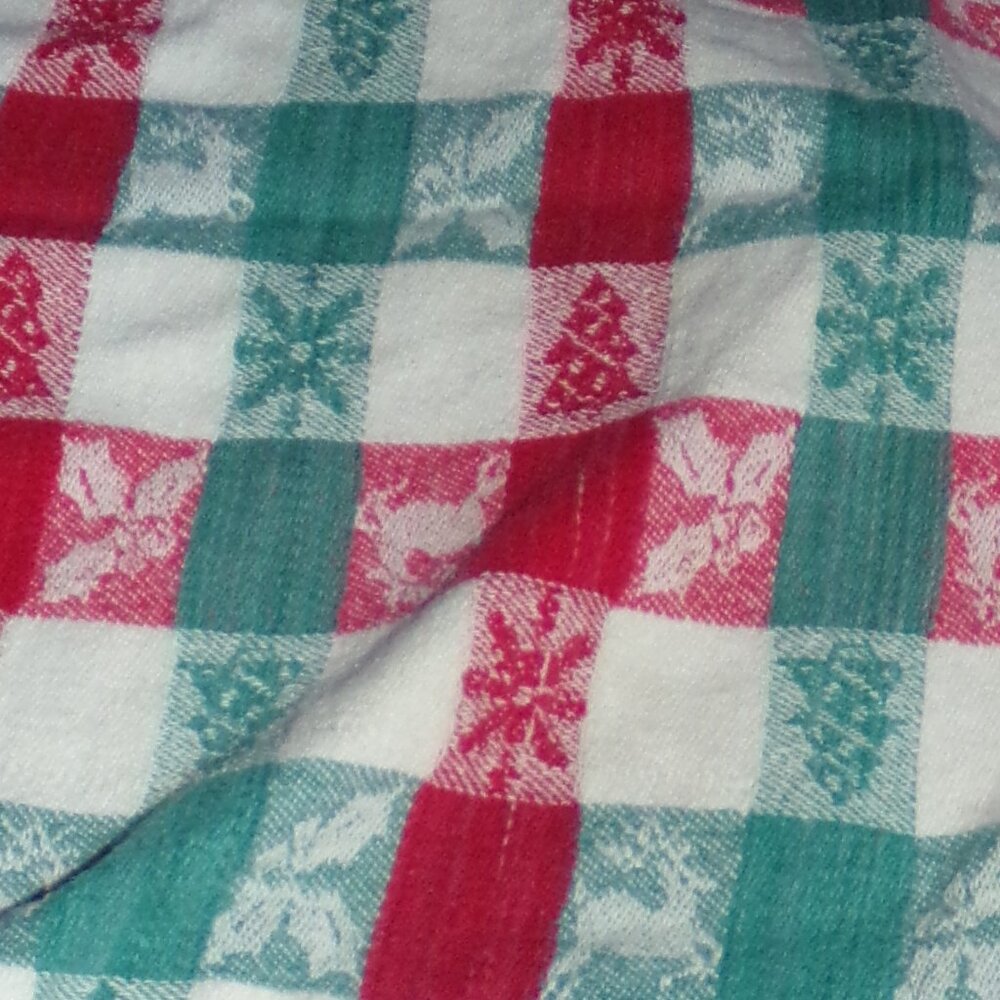 Vintage Red, White & Green Checkered Christmas Tea Towel - Deer Snowflakes Trees